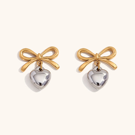 Gold Color Earrings For Women Bow Stud Earring With Love Charm Fashion Cute Jewelry Piercing Ear Accessories Gift