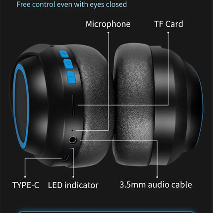 20 H Play Bluetooth Headphones with Large Earmuffs Wireless Earphones with Bass Noise Cancelling and Mic TF-card Support Helmet