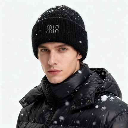 Winter Hats For Women Luxury Rhinestone Letters Fashion Cap Warm Hat Real Rabbit Fur Wool Skullies Beanies Knit Hats for Men