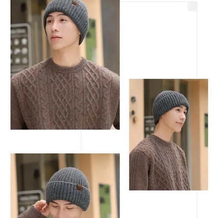 Winter Hats For Men Thickened Knitted Beanie Ear Protection Solid Color Cold Hat Keep Warm Baggy Cap Male Korean Elastic New