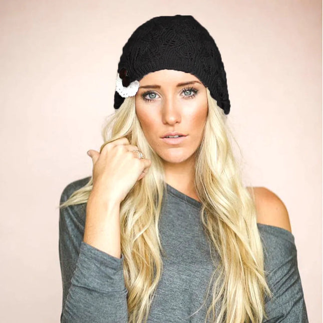 Winter Hats Woman Knitted Woolen Beret Hat Hollow Fashion Leaves Cap Lady Sexy Lace Button Casual Warm Women Hat