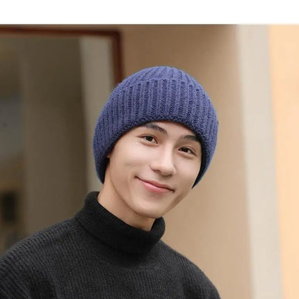 Winter Hats For Men Thickened Knitted Beanie Ear Protection Solid Color Cold Hat Keep Warm Baggy Cap Male Korean Elastic New
