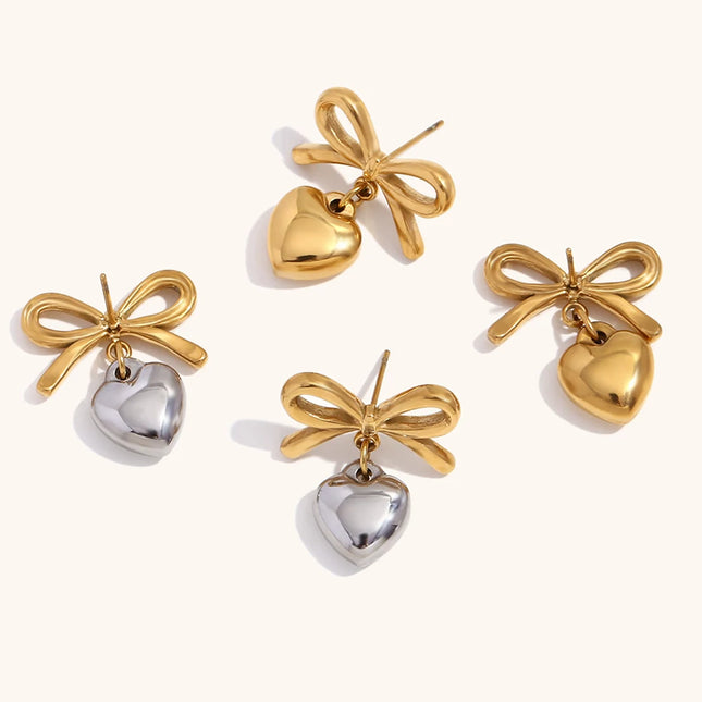 Gold Color Earrings For Women Bow Stud Earring With Love Charm Fashion Cute Jewelry Piercing Ear Accessories Gift