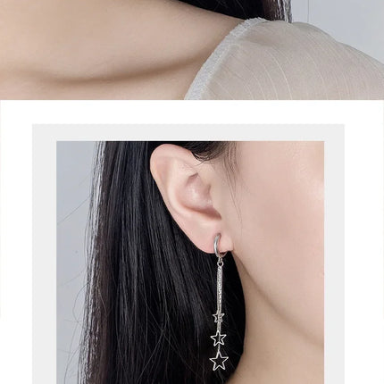 Elegant Popular Three Stars Hoop Earrings For Women 925 Sterling Silver Party Jewelry Beautiful Long Tassel EarringElegant