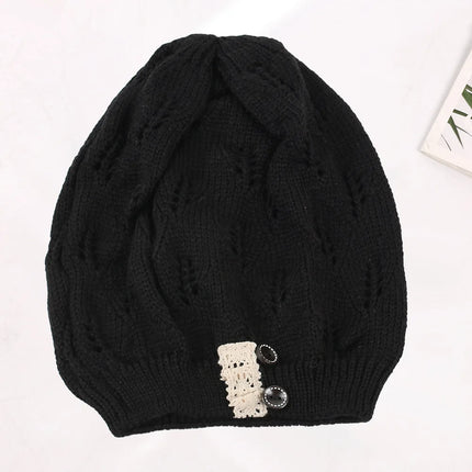 Winter Hats Woman Knitted Woolen Beret Hat Hollow Fashion Leaves Cap Lady Sexy Lace Button Casual Warm Women Hat