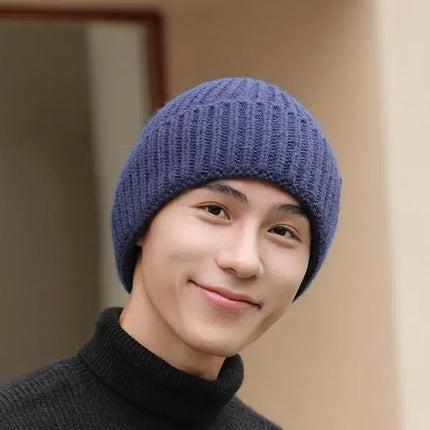 Winter Hats For Men Thickened Knitted Beanie Ear Protection Solid Color Cold Hat Keep Warm Baggy Cap Male Korean Elastic New