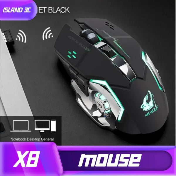 Free Wolf X8 Wireless Game Mouse Mute  Backlit Mechanical Mouse Ergonomic Charging Optical Mouse for PC Laptop Desktop