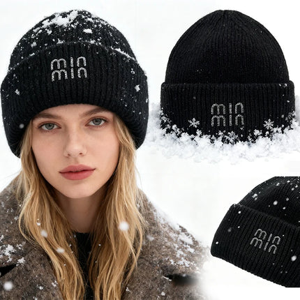 Winter Hats For Women Luxury Rhinestone Letters Fashion Cap Warm Hat Real Rabbit Fur Wool Skullies Beanies Knit Hats for Men