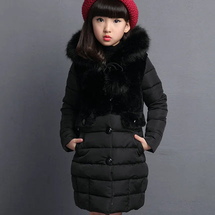 Winter Warm Jackets for Girls Fashion Fur Hooded Children Girls Waterproof Outwear Kids Cotton Lined Parkas