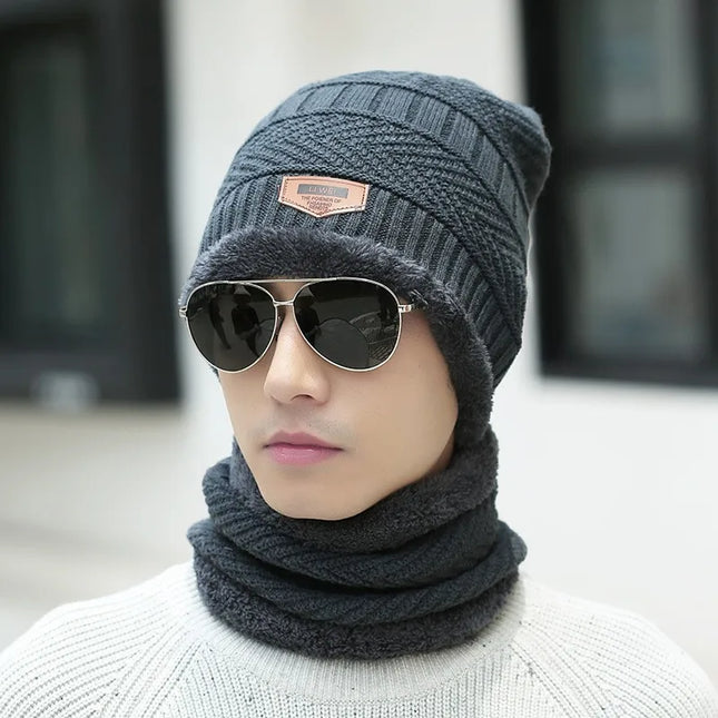 Winter hat men's warm and cold resistant with thick woolen hat cotton hat cycling knitted hat neck protection scarf two-piece se