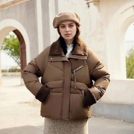 Winter Warm Puffer Jacket Cute Short Parka Patchwork Cotton-padded Coat Trendy Loose Fitting Hooded Zipper Windproof Outerwear