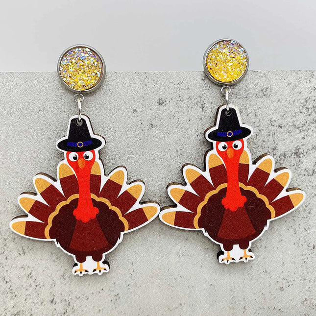 2024 New Autumn Thanksgiving Earrings Turkey Pumpkin Maple Leaf Wooden Earrings Women's Thanksgiving Festival Jewelry