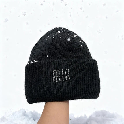 Winter Hats For Women Luxury Rhinestone Letters Fashion Cap Warm Hat Real Rabbit Fur Wool Skullies Beanies Knit Hats for Men