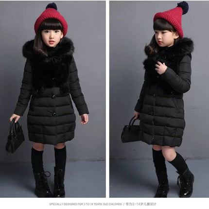 Winter Warm Jackets for Girls Fashion Fur Hooded Children Girls Waterproof Outwear Kids Cotton Lined Parkas