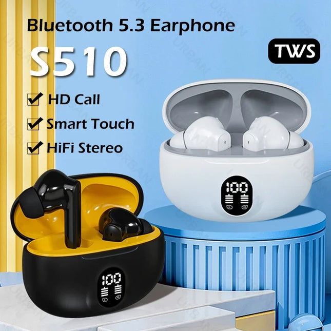S510 Bluetooth  Wireless Touch Control Headphones HiFI Stereo Waterproof Earphone TWS Sports LED Display Headset with Microphone
