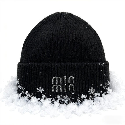 Winter Hats For Women Luxury Rhinestone Letters Fashion Cap Warm Hat Real Rabbit Fur Wool Skullies Beanies Knit Hats for Men