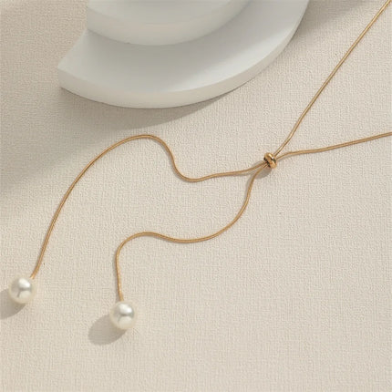 Long Pearl Necklace Adjustable Pull Chain Minimalist Design Women's Layering Choker Versatile Jewelry