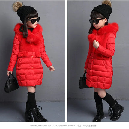 Winter Warm Jackets for Girls Fashion Fur Hooded Children Girls Waterproof Outwear Kids Cotton Lined Parkas