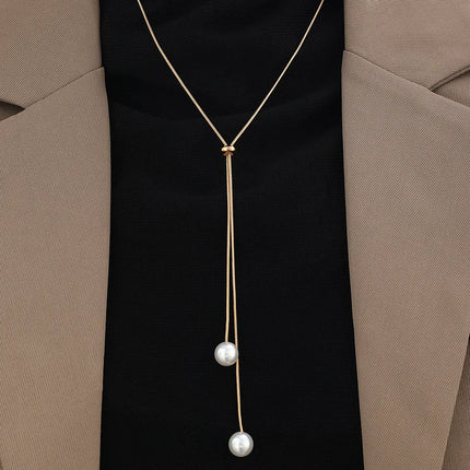 Long Pearl Necklace Adjustable Pull Chain Minimalist Design Women's Layering Choker Versatile Jewelry