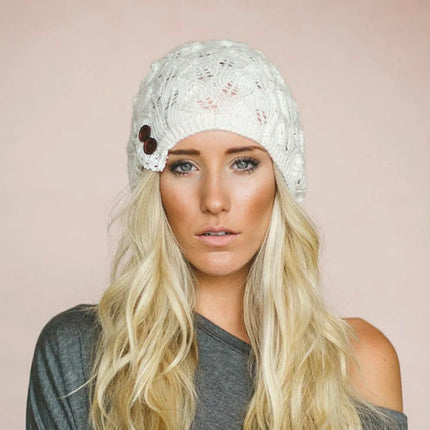 Winter Hats Woman Knitted Woolen Beret Hat Hollow Fashion Leaves Cap Lady Sexy Lace Button Casual Warm Women Hat