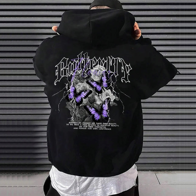 Gothic Men's Hoodie Harajuku Butterfly Print Long Sleeve Pullover Spring Autumn Casual Sweatshirts Streetwear Y2k Clothes Unisex