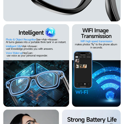 Smart Glasses 800W Pixel HD Camera Bluetooth Call Video Recording AI intelligent Real-time translation Object recognion Sunglass