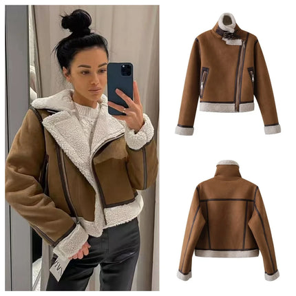 Winter new fur jacket for women fashion versatile suede motorcycle warm jacket