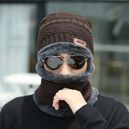 Winter hat men's warm and cold resistant with thick woolen hat cotton hat cycling knitted hat neck protection scarf two-piece se