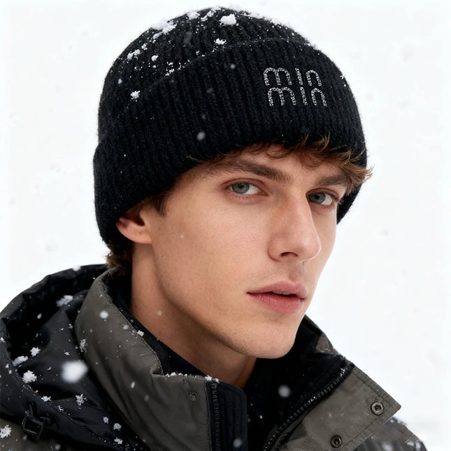 Winter Hats For Women Luxury Rhinestone Letters Fashion Cap Warm Hat Real Rabbit Fur Wool Skullies Beanies Knit Hats for Men