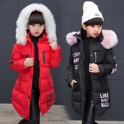 Winter Warm Jackets for Girls Fashion Fur Hooded Children Girls Waterproof Outwear Kids Cotton Lined Parkas