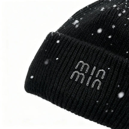 Winter Hats For Women Luxury Rhinestone Letters Fashion Cap Warm Hat Real Rabbit Fur Wool Skullies Beanies Knit Hats for Men