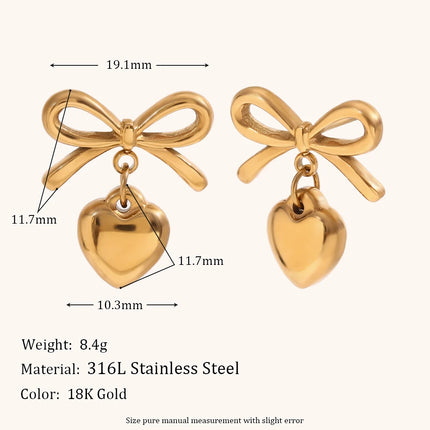 Gold Color Earrings For Women Bow Stud Earring With Love Charm Fashion Cute Jewelry Piercing Ear Accessories Gift