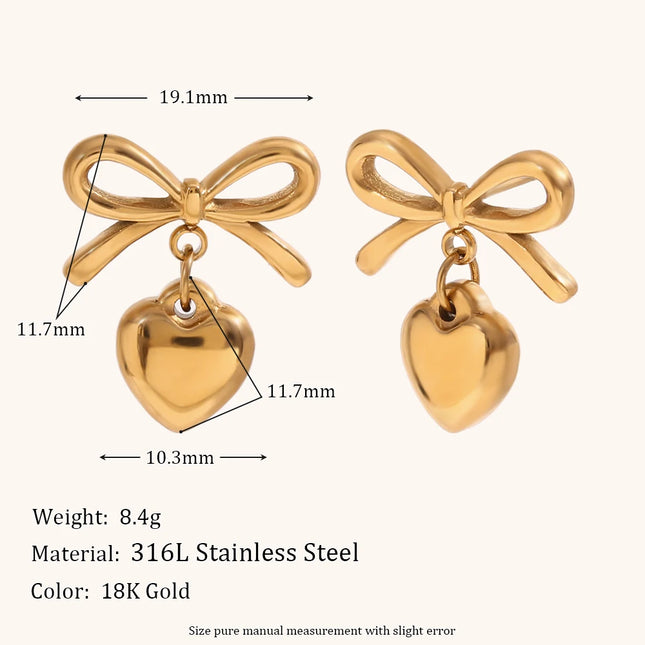 Gold Color Earrings For Women Bow Stud Earring With Love Charm Fashion Cute Jewelry Piercing Ear Accessories Gift