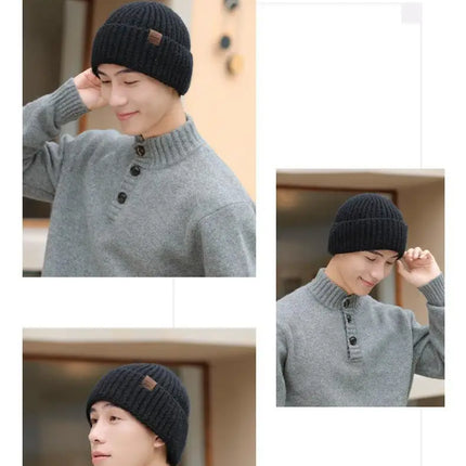 Winter Hats For Men Thickened Knitted Beanie Ear Protection Solid Color Cold Hat Keep Warm Baggy Cap Male Korean Elastic New