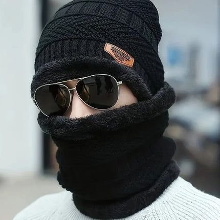 Winter hat men's warm and cold resistant with thick woolen hat cotton hat cycling knitted hat neck protection scarf two-piece se