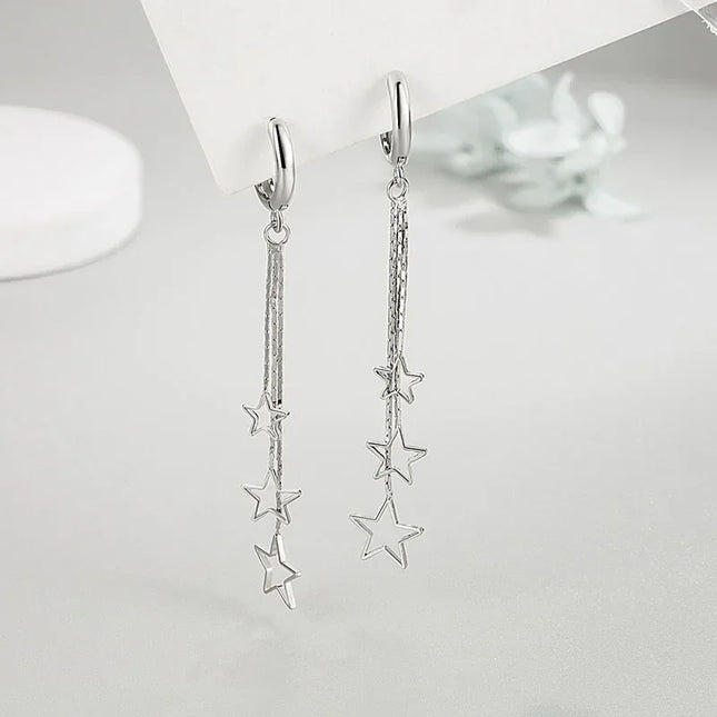 Elegant Popular Three Stars Hoop Earrings For Women 925 Sterling Silver Party Jewelry Beautiful Long Tassel EarringElegant