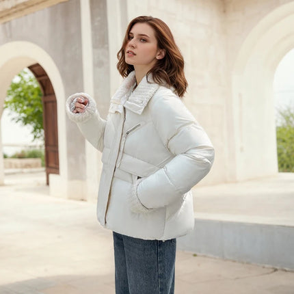 Winter Warm Puffer Jacket Cute Short Parka Patchwork Cotton-padded Coat Trendy Loose Fitting Hooded Zipper Windproof Outerwear