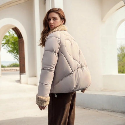 Winter Warm Puffer Jacket Cute Short Parka Patchwork Cotton-padded Coat Trendy Loose Fitting Hooded Zipper Windproof Outerwear