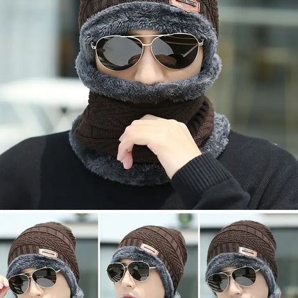 Winter hat men's warm and cold resistant with thick woolen hat cotton hat cycling knitted hat neck protection scarf two-piece se