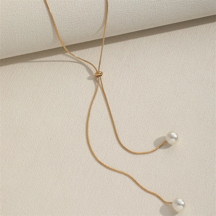 Long Pearl Necklace Adjustable Pull Chain Minimalist Design Women's Layering Choker Versatile Jewelry