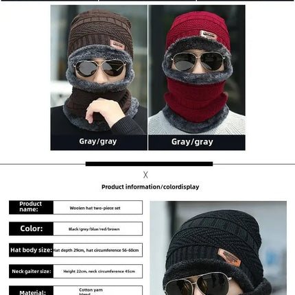 Winter hat men's warm and cold resistant with thick woolen hat cotton hat cycling knitted hat neck protection scarf two-piece se