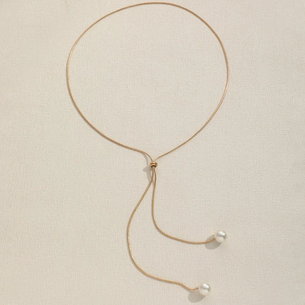 Long Pearl Necklace Adjustable Pull Chain Minimalist Design Women's Layering Choker Versatile Jewelry