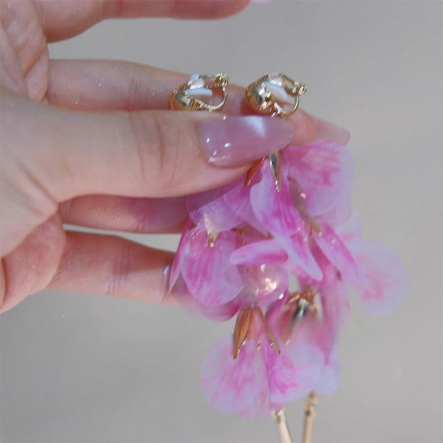 Romantic Temperament Fringed Purple Flower Clip on Earrings Without Piercing Fairy Vacation Style Seaside Long Ear Clips Cuffs