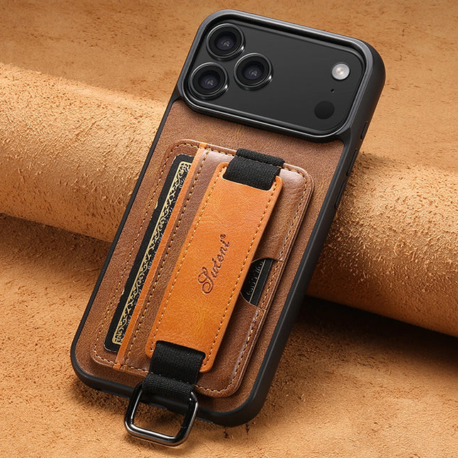 SUTENI Phone Case Wrist Strap Ring Buckle Faux Leather Card Holder Stand For iPhone 17 Pro Max 16 Plus 15 14 13 12