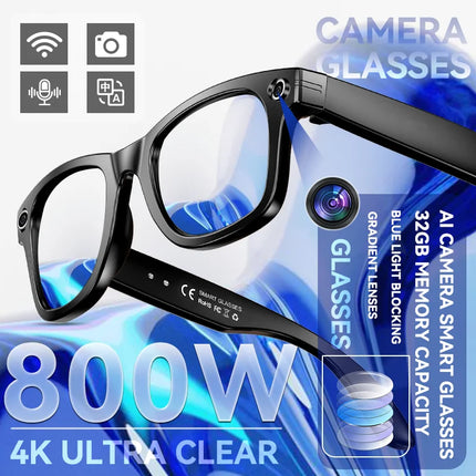 New Men AI Camera Smart Glasses Wifi 800W Pixel 4K Ultra Clear Videography AI Translation 32GB Anti Blue Light Women Glasses