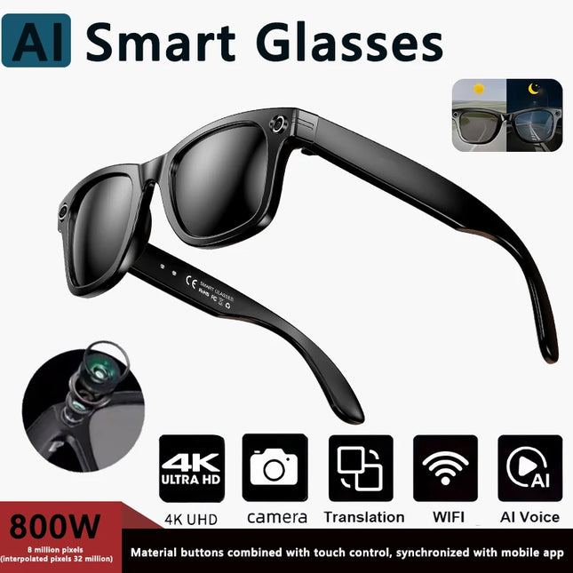 4K AI Smart Glasses 8MP HD Camera Video Bluetooth Call Intelligent Translation 270mAh Battery Voice Assistant Music Sunglasses