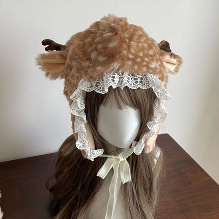 Winter Deer Hat Kawaii Lace Plush Reindeer Furry Boots Socks Cover Gothic Cap Leg Warmers Performance Costume Bomber Hats