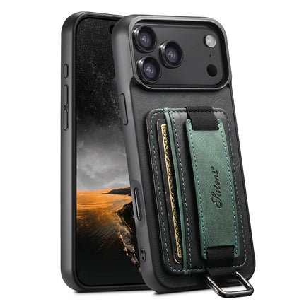SUTENI Phone Case Wrist Strap Ring Buckle Faux Leather Card Holder Stand For iPhone 17 Pro Max 16 Plus 15 14 13 12