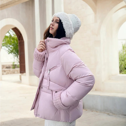 Winter Warm Puffer Jacket Cute Short Parka Patchwork Cotton-padded Coat Trendy Loose Fitting Hooded Zipper Windproof Outerwear
